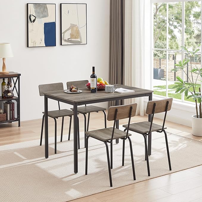 Dining Table Set for 4, 5-Piece Set Industrial Metal Wood 43.3" Kitchen Dining Table with 4 Dining Chairs, Indoor Modern Furniture Set for Dining Room, Dinette, Breakfast Nook, Grey - LeafyLoom