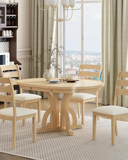 Farmhouse Round Pedestal 15.8" Removable Leaf, Extendable Kitchen w/Ladder Back Chairs, for Small Places, Room, 5 Piece Dining Table Set, Natural 16 - LeafyLoom