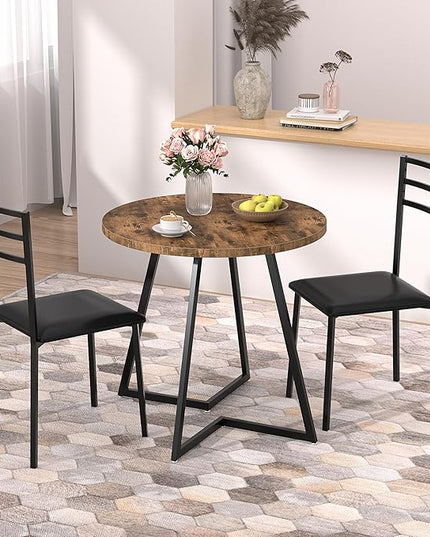 VECELO Round Dining Table with Steel Frame for 2-4 People, Space Saving for Home, Kitchen, Apartment, Antique Brown - LeafyLoom