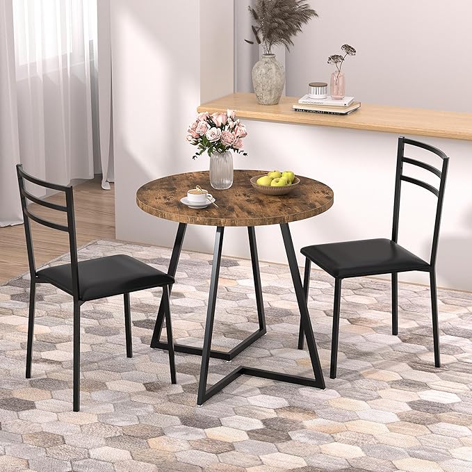 VECELO Round Dining Table with Steel Frame for 2-4 People, Space Saving for Home, Kitchen, Apartment, Antique Brown - LeafyLoom