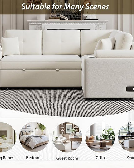 87.4" L-Shape Sectional Sleeper Sofa with Chaise &Pull-out bed, Boucle Upholstered Couch w/USB Ports, Power Sockets and Built-in Cup Holder, for Living Room, Apartment, 87.4 Inch, Beige - LeafyLoom
