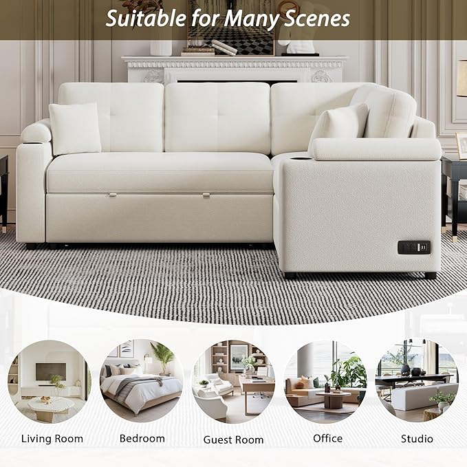 87.4" L-Shape Sectional Sleeper Sofa with Chaise &Pull-out bed, Boucle Upholstered Couch w/USB Ports, Power Sockets and Built-in Cup Holder, for Living Room, Apartment, 87.4 Inch, Beige - LeafyLoom