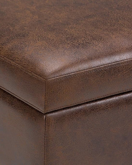SIMPLIHOME Owen 36 Inch Wide Mid Century Modern Square Coffee Table Lift Top Storage Ottoman in Upholstered Distressed Chestnut Brown Faux Leather, For the Living Room - LeafyLoom