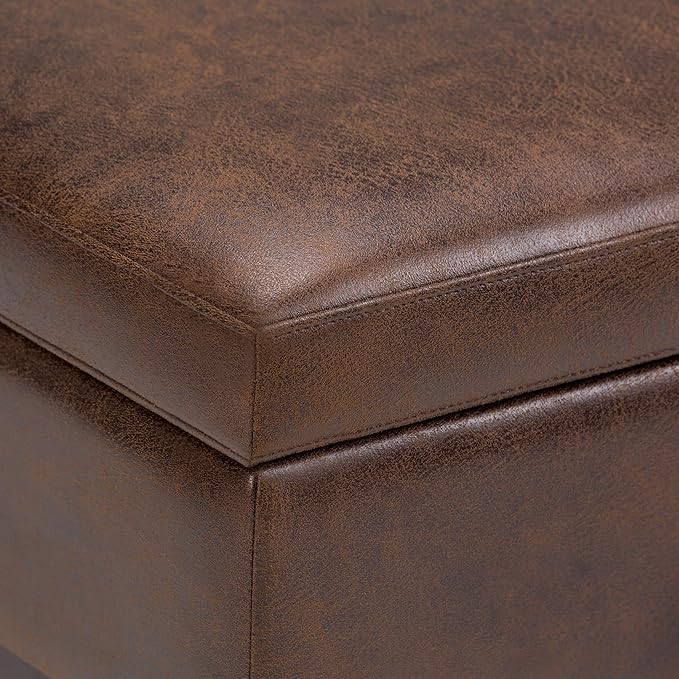 SIMPLIHOME Owen 36 Inch Wide Mid Century Modern Square Coffee Table Lift Top Storage Ottoman in Upholstered Distressed Chestnut Brown Faux Leather, For the Living Room - LeafyLoom