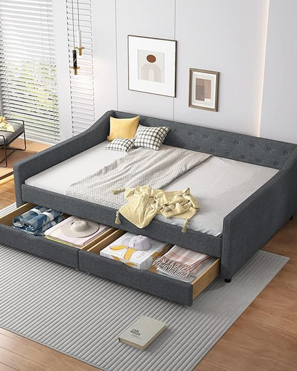 Full Size Upholstered Daybed with 2 Drawers,Wood Sofa Bed Frame W/Button Tufted Backrest and Waved Shape Arms,Slats Support,Linen Fabric Day Bed,for Bedroom,Living Room,Apartment,Dark Gray - LeafyLoom