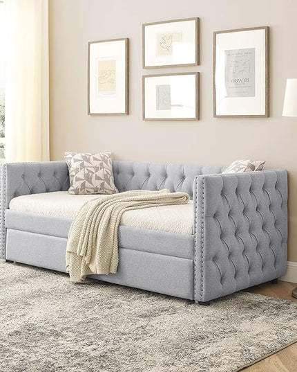 Upholstered Twin Size Daybed with Trundle,Solid Wooden Sofa Bed Frame W/Button Tufted & Copper Nail on Square Arms,No Spring Box Need,Bedframe for Living Room Bedroom Dorm,Grey Linen - LeafyLoom