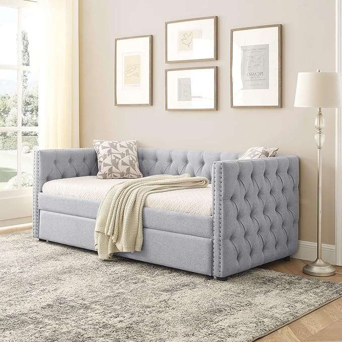 Upholstered Twin Size Daybed with Trundle,Solid Wooden Sofa Bed Frame W/Button Tufted & Copper Nail on Square Arms,No Spring Box Need,Bedframe for Living Room Bedroom Dorm,Grey Linen - LeafyLoom