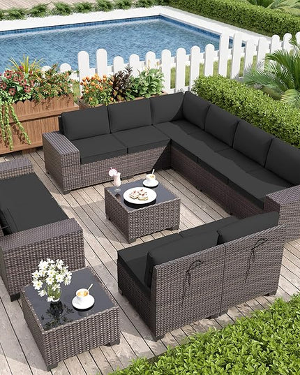 12PCS Patio Furniture Set Sofa Wicker Sectional Sofa Set, Outdoor Furniture Rattan Patio Conversation Set with Cushions and Glass Coffee Table, Black - LeafyLoom