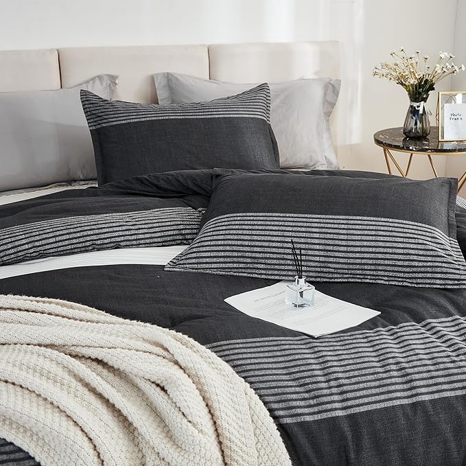 Litanika California King Comforter Set Black White Grey - 3 Pieces Cal King Oversized Lightweight Colorblock Stripe Bedding Set (104x96In, 2 Pillowcases) - LeafyLoom