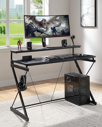 OSP Home Furnishings Emulator Battlestation Gaming Desk with RGB LED Lights, Black - LeafyLoom
