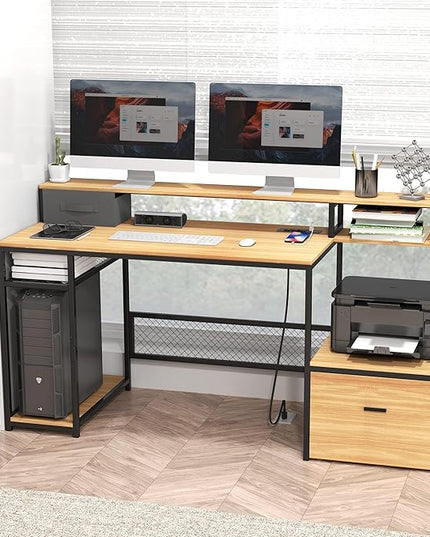 Home Office Desks with Drawers, 66'' Computer Desk with Storage, Office Desk with Monitor Stand, Work Desk with Outlets and USB, Gaming Desk with File Cabinet for Home Office Table, Natural - LeafyLoom