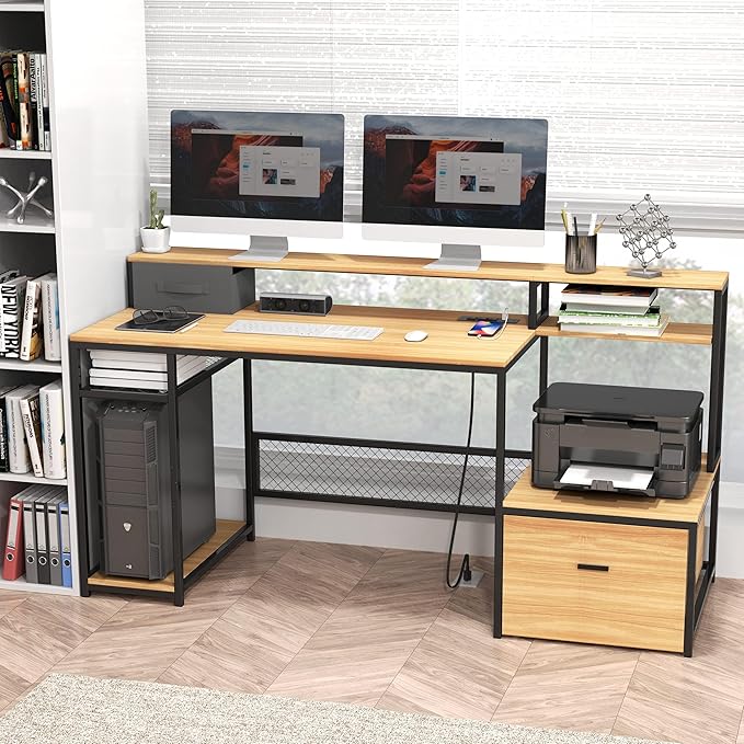 Home Office Desks with Drawers, 66'' Computer Desk with Storage, Office Desk with Monitor Stand, Work Desk with Outlets and USB, Gaming Desk with File Cabinet for Home Office Table, Natural - LeafyLoom