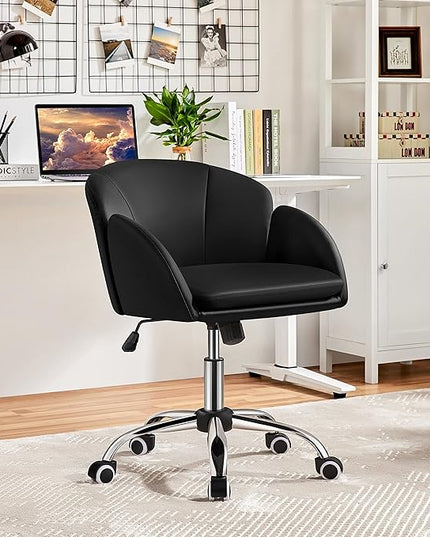 Yaheetech Cute Petal Desk Chair Home Office Swivel Upholstered Leather Makeup Vanity Desk Chair with Armrests for Bedroom Modern Computer Rolling Chair for Women Black - LeafyLoom