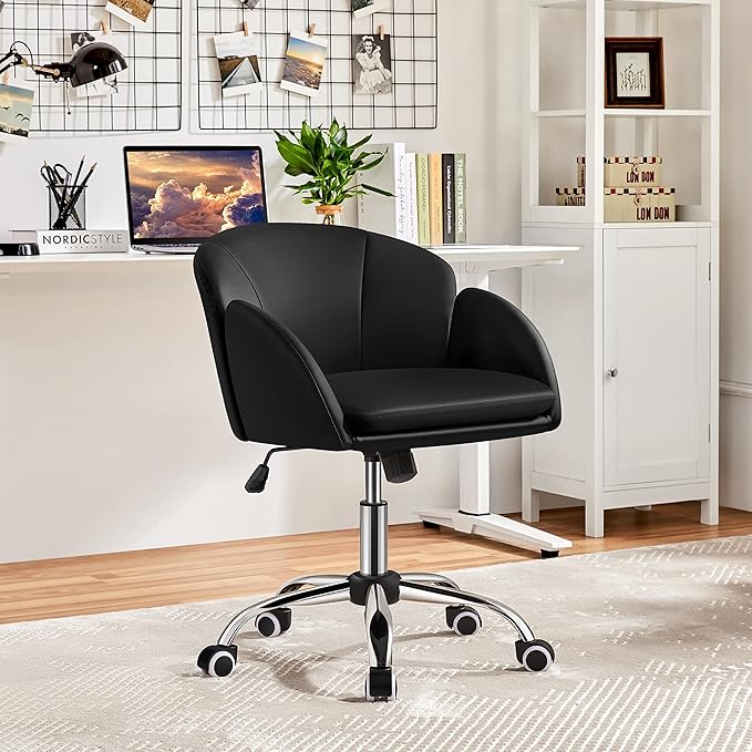 Yaheetech Cute Petal Desk Chair Home Office Swivel Upholstered Leather Makeup Vanity Desk Chair with Armrests for Bedroom Modern Computer Rolling Chair for Women Black - LeafyLoom