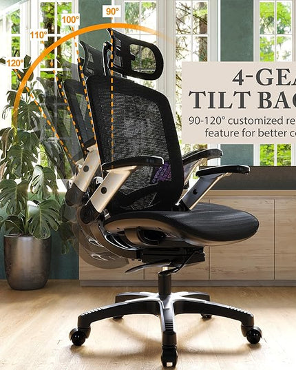 GABRYLLY Ergonomic Office Mesh Chair, High-Back Desk Chair with Sliding Seat, Adjustable Flip-up Armrest & 2D Headrest, 4-Gear Tilt Function, Swivel Computer Gaming Chair for Man Woman - LeafyLoom