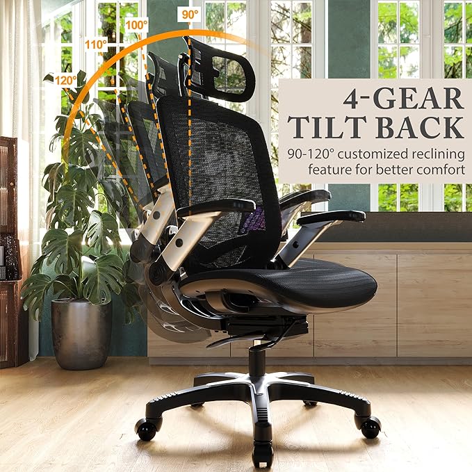 GABRYLLY Ergonomic Office Mesh Chair, High-Back Desk Chair with Sliding Seat, Adjustable Flip-up Armrest & 2D Headrest, 4-Gear Tilt Function, Swivel Computer Gaming Chair for Man Woman - LeafyLoom