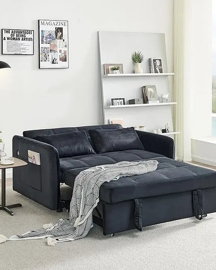 Velvet Tufted Convertible Pull Out Sofa Bed , 3 in 1 Multi-Functional Futon Lounge Chair Sleeper Couch Bed, Pullout Sofá with Adjustable Backrest and USB Ports for Living Room Small Space Apartment - LeafyLoom