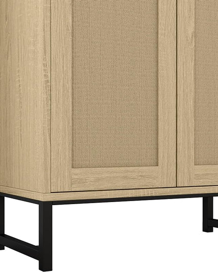 Panana Rattan Decorated 2 Doors Storage Cabinet Accent Cabinet Living Room Cupboard Kitchen Sideboard Buffet Table (Natural) - LeafyLoom