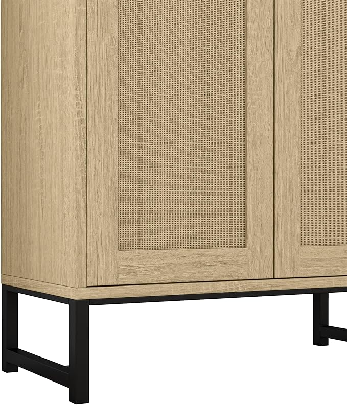 Panana Rattan Decorated 2 Doors Storage Cabinet Accent Cabinet Living Room Cupboard Kitchen Sideboard Buffet Table (Natural) - LeafyLoom