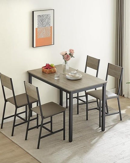 Dining Table Set for 4, Industrial Metal Wood 47.2" Kitchen Dining Table with 4 Upholstered PU Leather Chairs, Indoor Modern Furniture Set for Dining Room, Dinette, Breakfast Nook, Grey - LeafyLoom