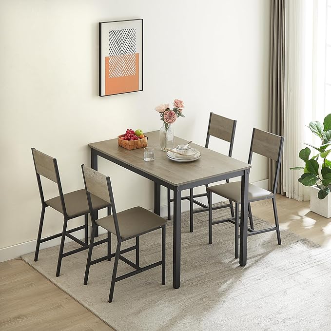 Dining Table Set for 4, Industrial Metal Wood 47.2" Kitchen Dining Table with 4 Upholstered PU Leather Chairs, Indoor Modern Furniture Set for Dining Room, Dinette, Breakfast Nook, Grey - LeafyLoom