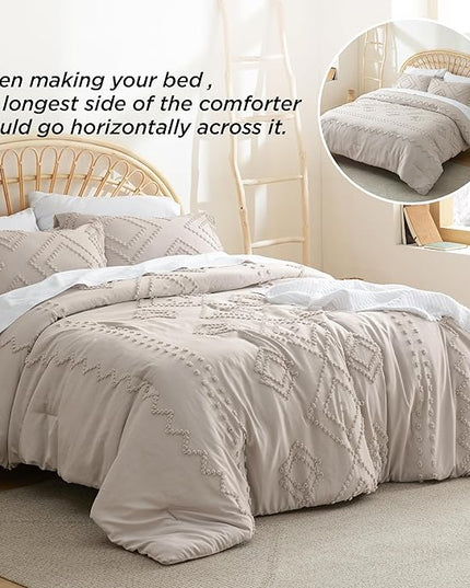 Bedsure Boho Comforter Set King - Linen Tufted Bedding Comforter Set, 3 Pieces Farmhouse Shabby Chic Embroidery Bedding Set, Soft Geometric Pattern Comforter for All Seasons - LeafyLoom