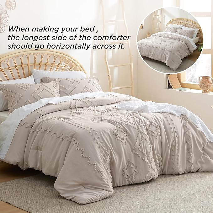 Bedsure Boho Comforter Set King - Linen Tufted Bedding Comforter Set, 3 Pieces Farmhouse Shabby Chic Embroidery Bedding Set, Soft Geometric Pattern Comforter for All Seasons - LeafyLoom