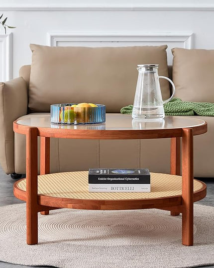 35'' Modern Round Coffee Table with Textured Glass Tabletop, 2 Tier Center Table for Living Room with Rattan Woven Storage Shelf, Wood Frame Natural Wood Coffee Table, Walnut - LeafyLoom
