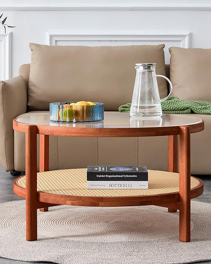 NicBex Dining Table Round Kitchen Table Contemporary Modern Minimalist Circular Double-Layer Solid Wood Coffee Table, Craft Glass Tabletop, Rattan, Solid Wood Frame, Walnut - LeafyLoom
