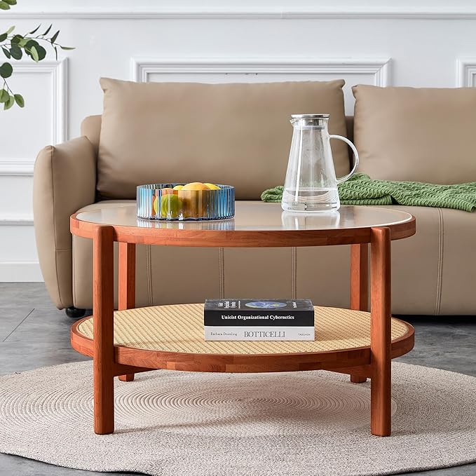 NicBex Dining Table Round Kitchen Table Contemporary Modern Minimalist Circular Double-Layer Solid Wood Coffee Table, Craft Glass Tabletop, Rattan, Solid Wood Frame, Walnut - LeafyLoom