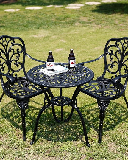 Bistro Table and Chairs Set of 2 Outdoor 3 Piece Bistro Sets Cast Aluminum Patio Bistro Set with Umbrella Hole, Patio Set for Garden, Black - LeafyLoom