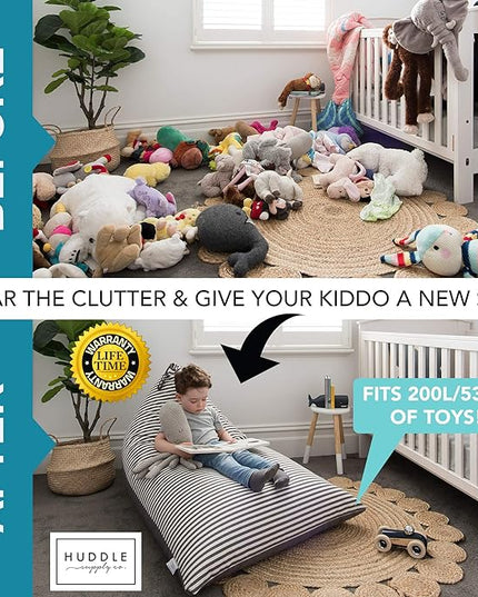 HUDDLE Original Stuffed Animal Bean Bag Storage Extra Large Designer Beanbag Chairs for Kids Teens & Adults | Instant Clutter Clear for Stylish Moms - Stuffed Animal Storage Bean Bag Chair Grey Stripe - LeafyLoom