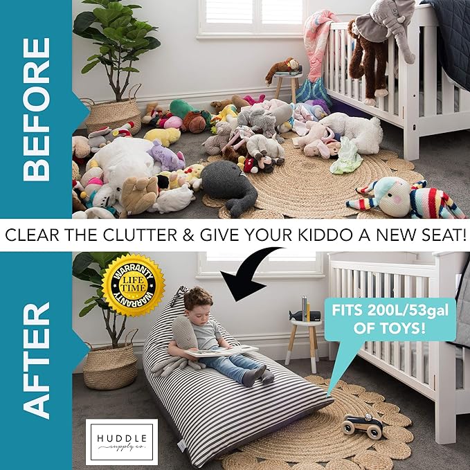HUDDLE Original Stuffed Animal Bean Bag Storage Extra Large Designer Beanbag Chairs for Kids Teens & Adults | Instant Clutter Clear for Stylish Moms - Stuffed Animal Storage Bean Bag Chair Grey Stripe - LeafyLoom
