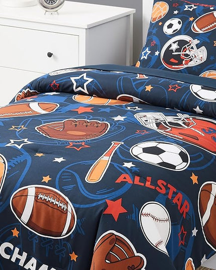 Sports Ball Games Twin Comforter Set with Sheets - 5 Pieces Kids Twin Bedding Sets for Boys, Glow in The Dark Baseball Basketball Football Soccer Twin Bed in a Bag for Kids, Teens - LeafyLoom