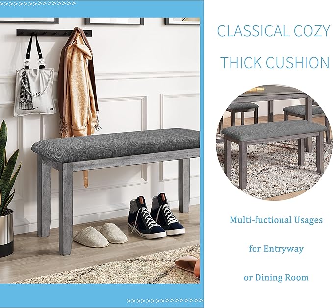 60 Inch Dining Table Set for 6, Kitchen Table set with 4 Upholstered Chairs and Bench, Dining Room Table Set for Living Room, Dining Room, Dark Grey - LeafyLoom