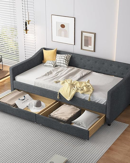 Twin Daybed Frame with 2 Storage Drawers,Upholstered Sofa Bed W/Button & Nailhead Tufted Design,Wood Slats Support,Linen Fabric Bedframe for Living Room Bedroom Apartment,Dark Gray - LeafyLoom