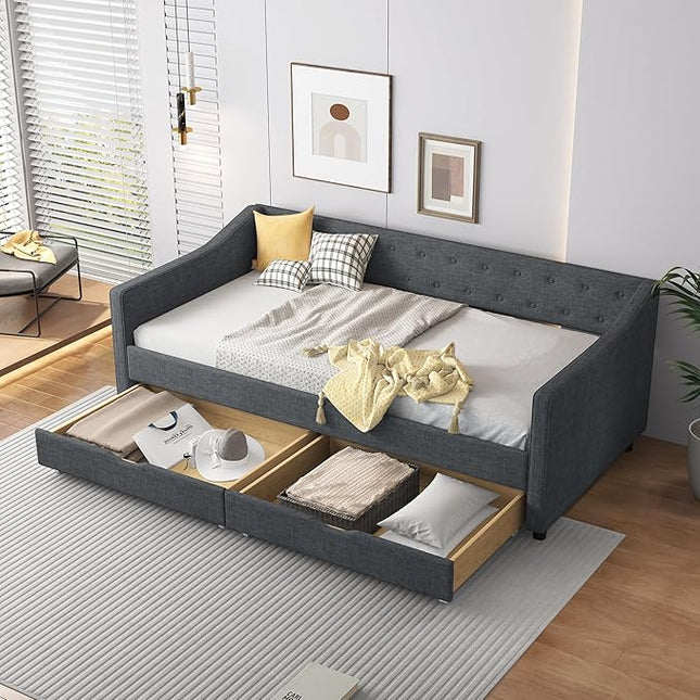 Twin Daybed Frame with 2 Storage Drawers,Upholstered Sofa Bed W/Button & Nailhead Tufted Design,Wood Slats Support,Linen Fabric Bedframe for Living Room Bedroom Apartment,Dark Gray - LeafyLoom