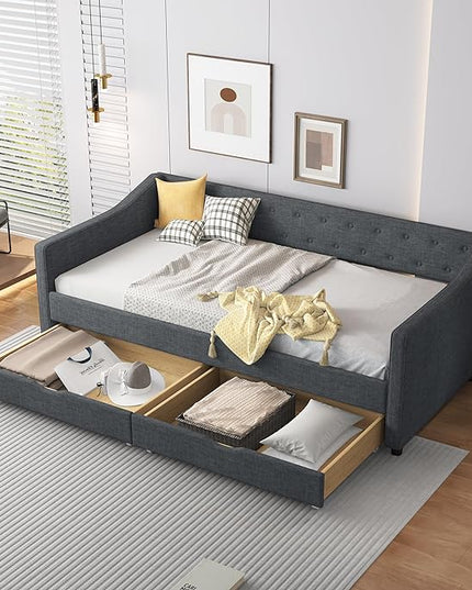 Twin Size Daybed with Storage Upholstered Day Bed frame with Drawers & Button Tufted Backrest,for Living Room Bedroom,Wood Slat Support,No Box Spring Needed,Dark Grey - LeafyLoom