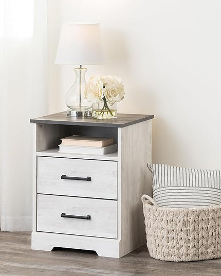 Prepac Rustic Ridge Farmhouse Nightstand with 2 Drawers and an Open Cubby, Wooden Bedside Table for Bedroom, Office, or Living Room, 16.25in x 18.75in x 24.5in, Washed White - LeafyLoom