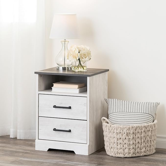 Prepac Rustic Ridge Farmhouse Nightstand with 2 Drawers and an Open Cubby, Wooden Bedside Table for Bedroom, Office, or Living Room, 16.25in x 18.75in x 24.5in, Washed White - LeafyLoom