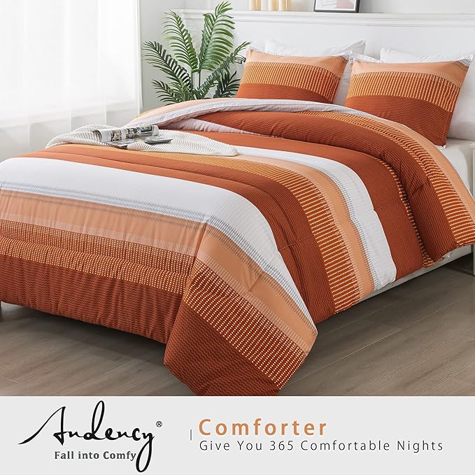 Andency Stripe Comforter Set King Size (104x90 Inch), 3 Pieces Terracotta Patchwork Striped Comforter, Soft Microfiber Down Alternative Comforter Bedding Set with Corner Loops - LeafyLoom