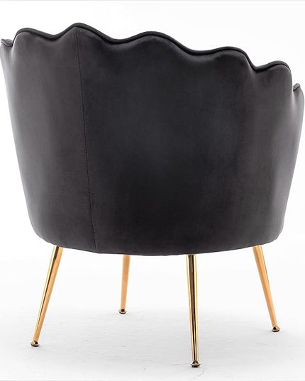 Velvet Barrel Accent Chair with Scalloped Silhouette and Gold Metal Legs, Decorative Piece Suitable for Traditional, Modern, and Contemporary Spaces, Black - LeafyLoom