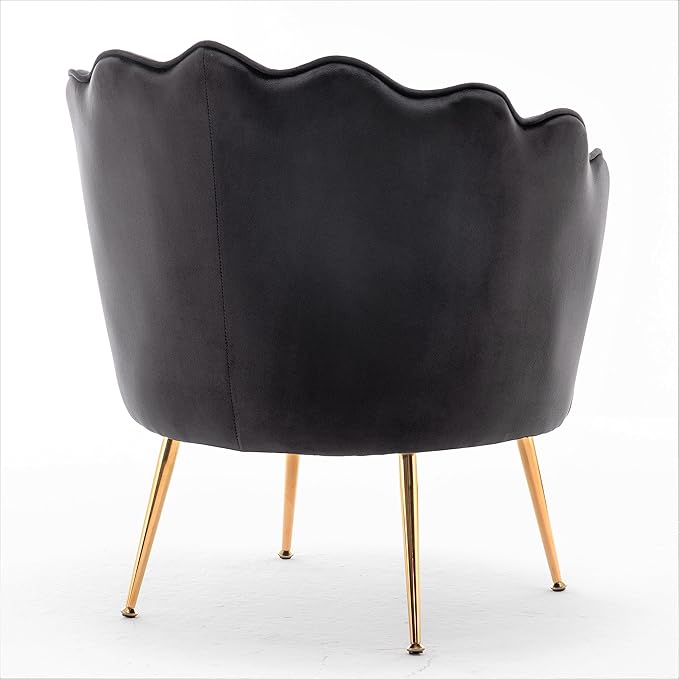Velvet Barrel Accent Chair with Scalloped Silhouette and Gold Metal Legs, Decorative Piece Suitable for Traditional, Modern, and Contemporary Spaces, Black - LeafyLoom