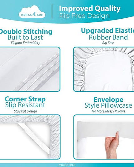DREAMCARE Queen Size Sheets - Cooling Bed Sheets - 4pcs Set - up to 15" Deep Pocket Queen Sheet Set - Sheets Queen Size Bed - Soft & Long Lasting 100% Fine Brushed Polyester with Side Pocket - White - LeafyLoom