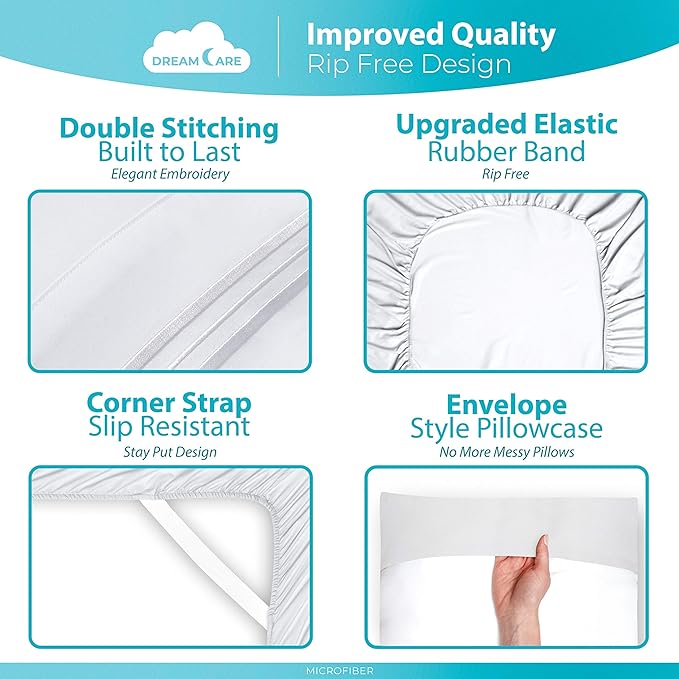 DREAMCARE Queen Size Sheets - Cooling Bed Sheets - 4pcs Set - up to 15" Deep Pocket Queen Sheet Set - Sheets Queen Size Bed - Soft & Long Lasting 100% Fine Brushed Polyester with Side Pocket - White - LeafyLoom
