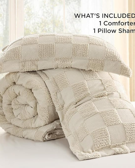 Bedsure Twin/Twin XL Comforter Set Beige, Boho Tufted Bedding Comforter Set, Checkered Farmhouse Shabby Chic Bed Set, 2 Pieces, 1 Plaid Geometric Comforter and 1 Pillow Sham - LeafyLoom