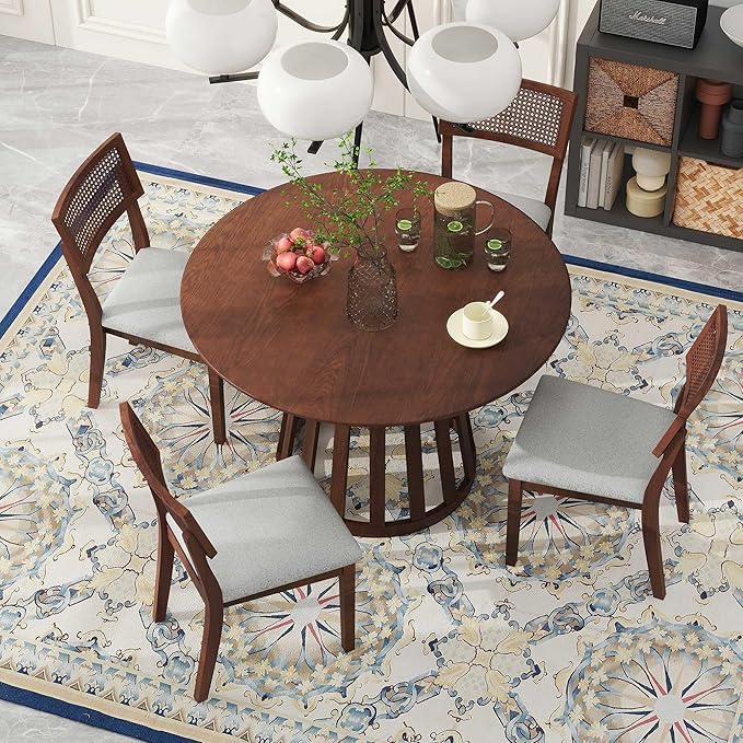 NicBex Dining Table for 4 Kitchen & Dining Room Tables 5-Piece Retro Dining Set with 1 Round Dining Table and 4 Upholstered Chairs with Rattan Backrests for Dining Room and Kitchen, Walnut - LeafyLoom