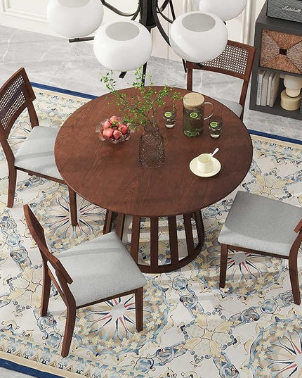 5-Piece Retro Vintage Style Wooden Round Dining Table Set with 4 Upholstered Chairs with Rattan Backrests for Kitchen, Breakfast Nook, Living Room, Walnut, 47.2" L x 47.2" W x 29.9" H - LeafyLoom
