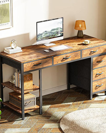 Computer Desk with 6 Drawers, 47 Inch Office Desk with Shelves, Reversible Gaming Desk, Corner Desk with Storage, Work Desk for Home Office, Study, Living Room, Rustic Brown - LeafyLoom