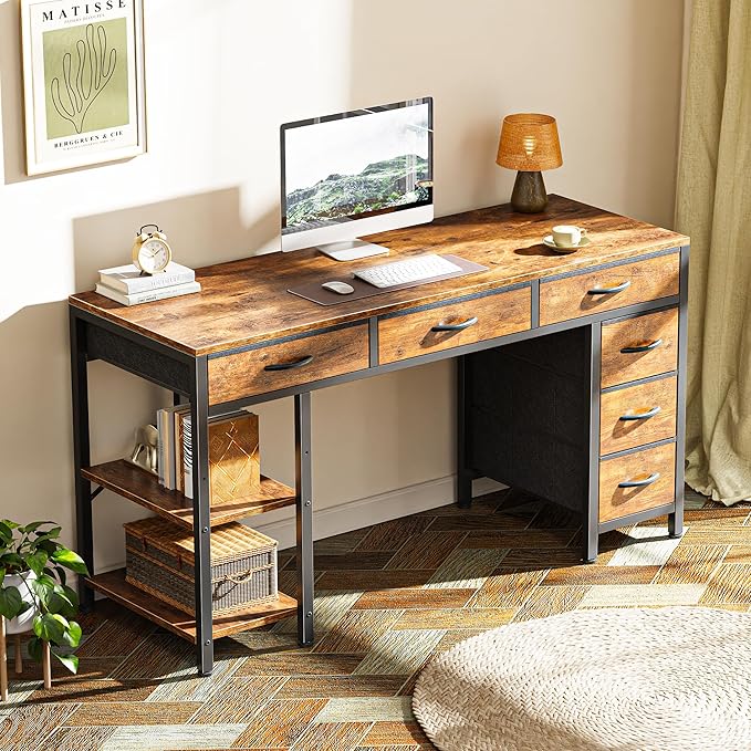 Computer Desk with 6 Drawers, 47 Inch Office Desk with Shelves, Reversible Gaming Desk, Corner Desk with Storage, Work Desk for Home Office, Study, Living Room, Rustic Brown - LeafyLoom
